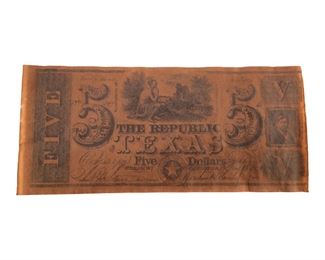 Antique The Republic of Texas 5 Dollar Bill