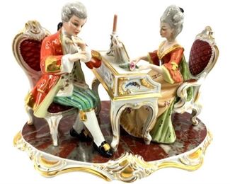 Antique Dresden Porcelain Couple Duet Sculpture