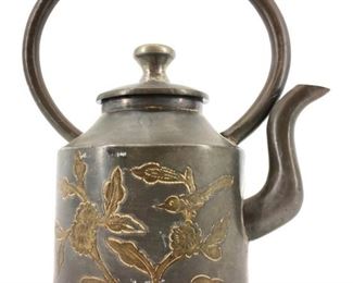 Old Signed DW Small Floral Stenciled Pewter Teapot