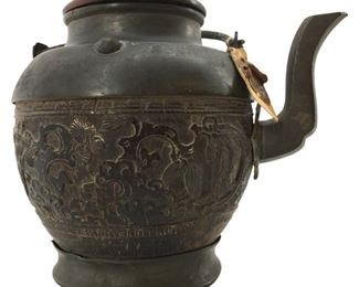 Antique Chinese Carved Wood and Pewter Teapot