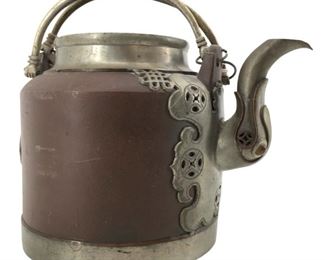 1860 Antique Pewter and Ceramic Chinese Teapot