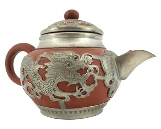 Antique Chinese Pewter Embellished Clay Teapot