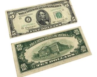 Vintage 1950 Offset Printed 5 & 10 Dollar Bills