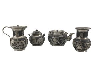 Antique Chinese Pewter & Clay Yixing Tea Set