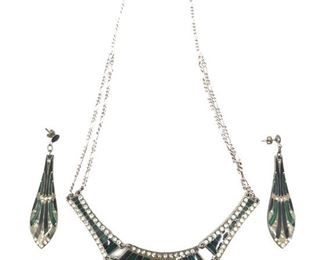 Art Deco Enamel/ Sterling Chain Necklace/Earrings