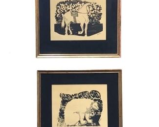 2pc. Animal Woodcut Lithographs