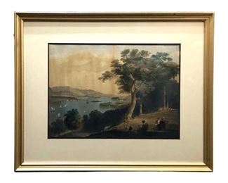 Vintage Lake Landscape Mixed Media Painting