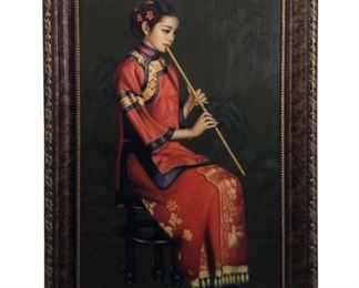 Vintage Asian Portrait Oil on Canvas