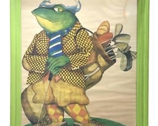 Signed Golfing Frog Watercolor Painting