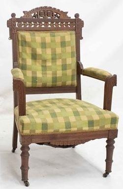 2167 - Victorian pierce carved walnut arm chair 41 x 24 x 21 wear to upholstery
