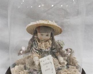 2521 - Porcelain Doll in Glass Dome Display Case 13" tall

