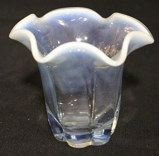 2582 - Duncan Miller Canterbury blue opalescent vase 3 1/4"
