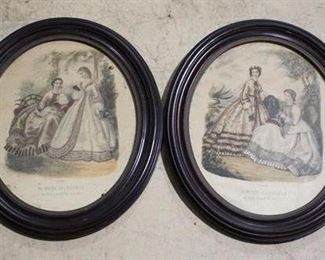 2585 - 2 Vintage oval fashion prints in frames 15 x 12
