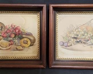 2891 - Vintage pair walnut shadowbox frames with birds & fruit 13 1/2 x 15 1/2
