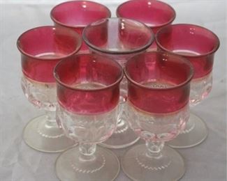 539 - 7 Kings Crown cranberry flashed juice glasses 3.5" tall

