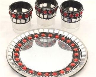 626 - Red jeweled mirrored plate & 3 candle votives
