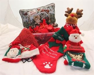 662 - Lot of Assorted Holiday Items to include Pillow small red bows, tiny tree skirt, stockings & kitty hats
