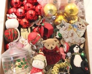 675 - Box Lot of Holiday Ornaments & Candy Jar

