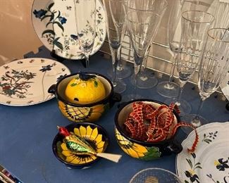 Colorful porcelain and champagne flutes