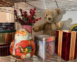 Holiday items including a vintage bear