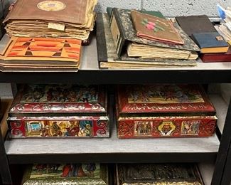 E Otto Schmidt tins, vintage scrapbooks and photos albums