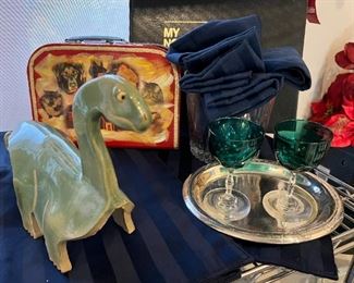 Ceramic dinosaur and other items