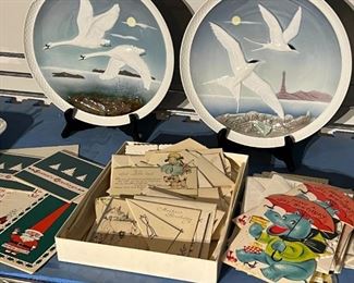 Vintage cards and collectible plates