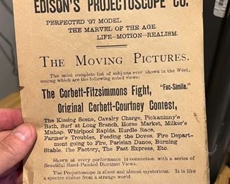 Thomas Edison's Projectoscope Co "The Moving Pictures" marketing piece for the Corbett-Fitzsimmons Fight is an 1897 documentary film directed by Enoch J. Rector depicting the 1897 boxing match between James J. Corbett and Bob Fitzsimmons in Carson City, Nevada on St. Patrick's Day. Originally running for more than 100 minutes, it was the longest film released to date; as such, it was the world's first feature film.