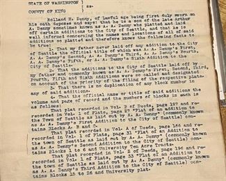 This is cool and historic. It appears to be the Title for the donation of land by AA Denny for the downtown lots that are now part of Denny Way. This probably should belong to MOHI.