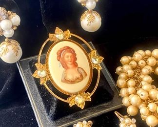 50s Enamel Transfer Cameo, Vintage Earrings,  J Crew Bracelet