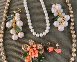 1950s Floral Bouquet Brooch, High Lustre Faux Pearl Faux Jade Grape Cluster Earrings