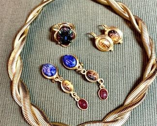 1973 Sarah Conventry Mosaic Enamel Ring Scarab Earrings