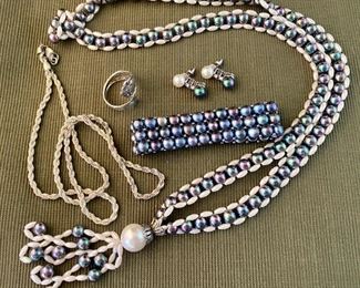 Butler Earrings, Napier Silvertone Chain, And Rogers Ring