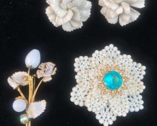 Celluloid Lace Brooch With Aqua Lucite Rhinestone