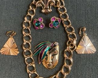 Golden Crystal Mardis Gras Mask Pendant, Ralph Lauren Bulky GT Necklace