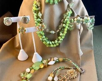Green Themed Jewelry Incl. West German Necklace Japan Earrings
