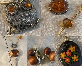 Vintage Coro Beaded Clipons, Amber Eyed Jeweled Owl Pendant  More