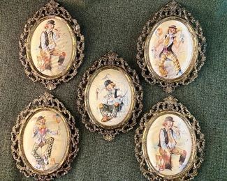 Italian Oval Framed Silk Clown Art