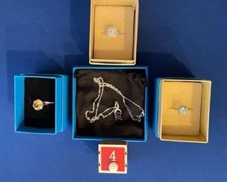 6 ct. yellow citrine rhodium over sterling (sz. 8.5); white sapphire ring sz. 6.5; purple stone rhodium over sterling necklace; blue topaz rhodium over sterling sz. 8.5 ring $25