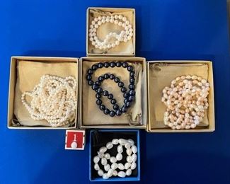 20" black C.F. pearl necklace 11-12mm pearls; Multi-color 64" necklace pearl-short 2" opened; Pearl necklace white 3 rows 18"; 18" 8mm white 18" pearl necklace; Baroque pearl necklace 18" $40