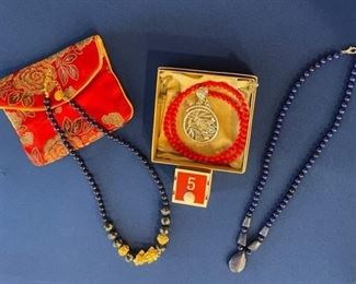 Blue lapis necklace, blue and golden necklace (with dragon); Red coral 6mm beaded 18" necklace with silver Bali pendant $25