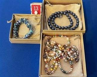 Black 9-10mm cultured freshwater pearl necklace 17"; 62" asst. shapes pearl brown tone necklace; Lapis Lazuli bracelet $18