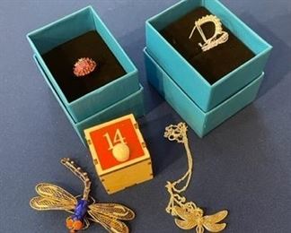Pink stone ring rhodium over sterling 8.5 sz; silver dragonfly necklace, enamel dragonfly pin with coral eyes; tanzanite earrings $50