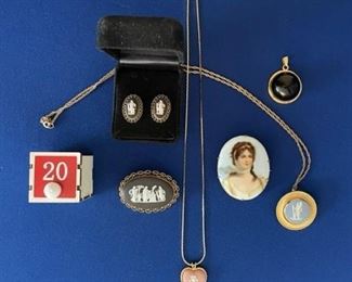 Lalique pendant (black stone), cameo pin, Wedgewood jewelry including earrings, 2 necklaces $85