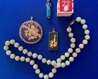 Jade beads, lapis pendant with gold bamboo and stones, Jade pendant with bamboo and stones, jadeite pendant $65