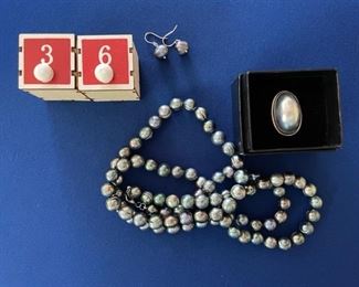 Sterling silver ring with Silver pearl, Silver toned pearl necklace and matching earrings $50