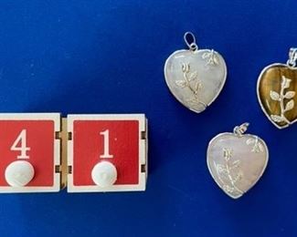 3 heart pendants, rose quartz, white quartz and tiger eye $18