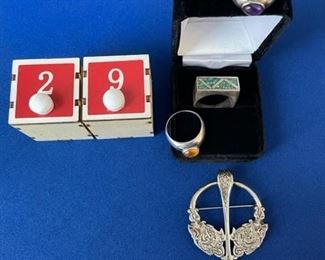 Sterling silver rings and pin, including Men's signed turquoise Navajo ring (Sz. 9) $100