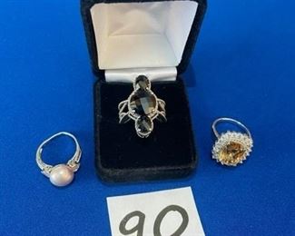 Set of 3 rhodium over sterling rings (pink pearl is bent) $18