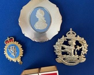 Silverplate compact; English pin and marker $12